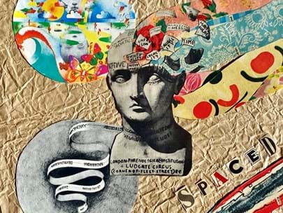 A collage style image with brown background, cold grey centre statue, flowers, faces, colours and the word SPACED in cut- out letters. 