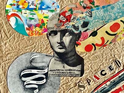 A collage style image with brown background, cold grey centre statue, flowers, faces, colours and the word SPACED in cut- out letters.