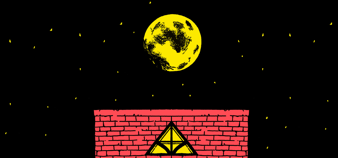 A yellow moon sits in a black sky filled with yellow stars above the roof of a red house with a yellow window.