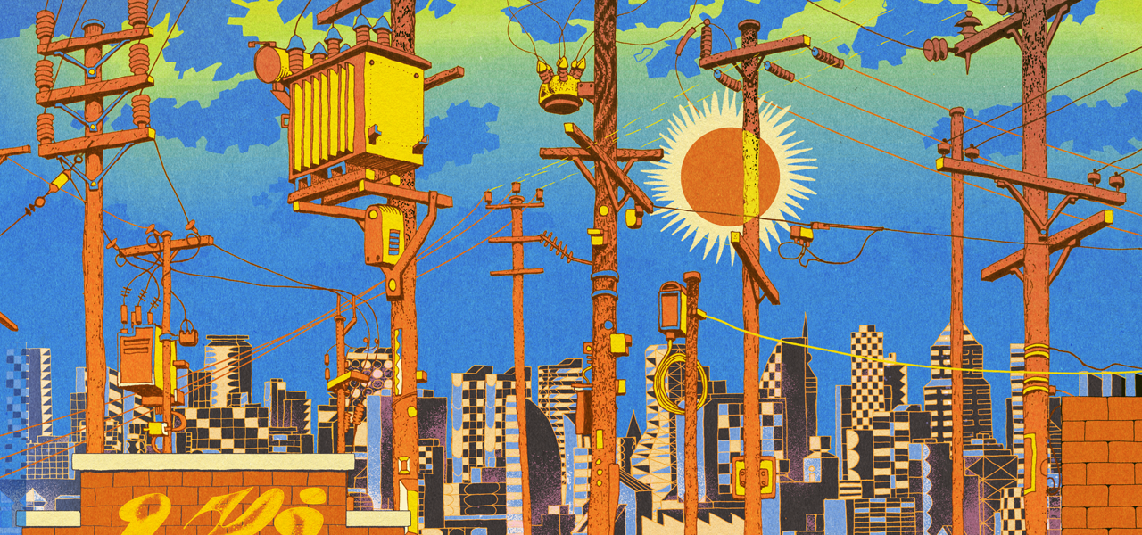 A ramshackle collection of power lines stand in front of a highly patterned city skyline and a bright blue sky