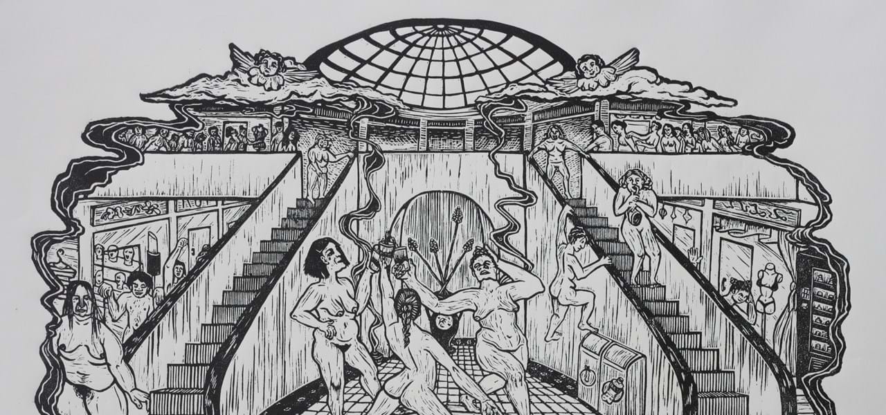 A linocut printed in black ink on white paper depicting a procession of diverse, feminine, nude figures descending upon a fountain in a shopping centre.